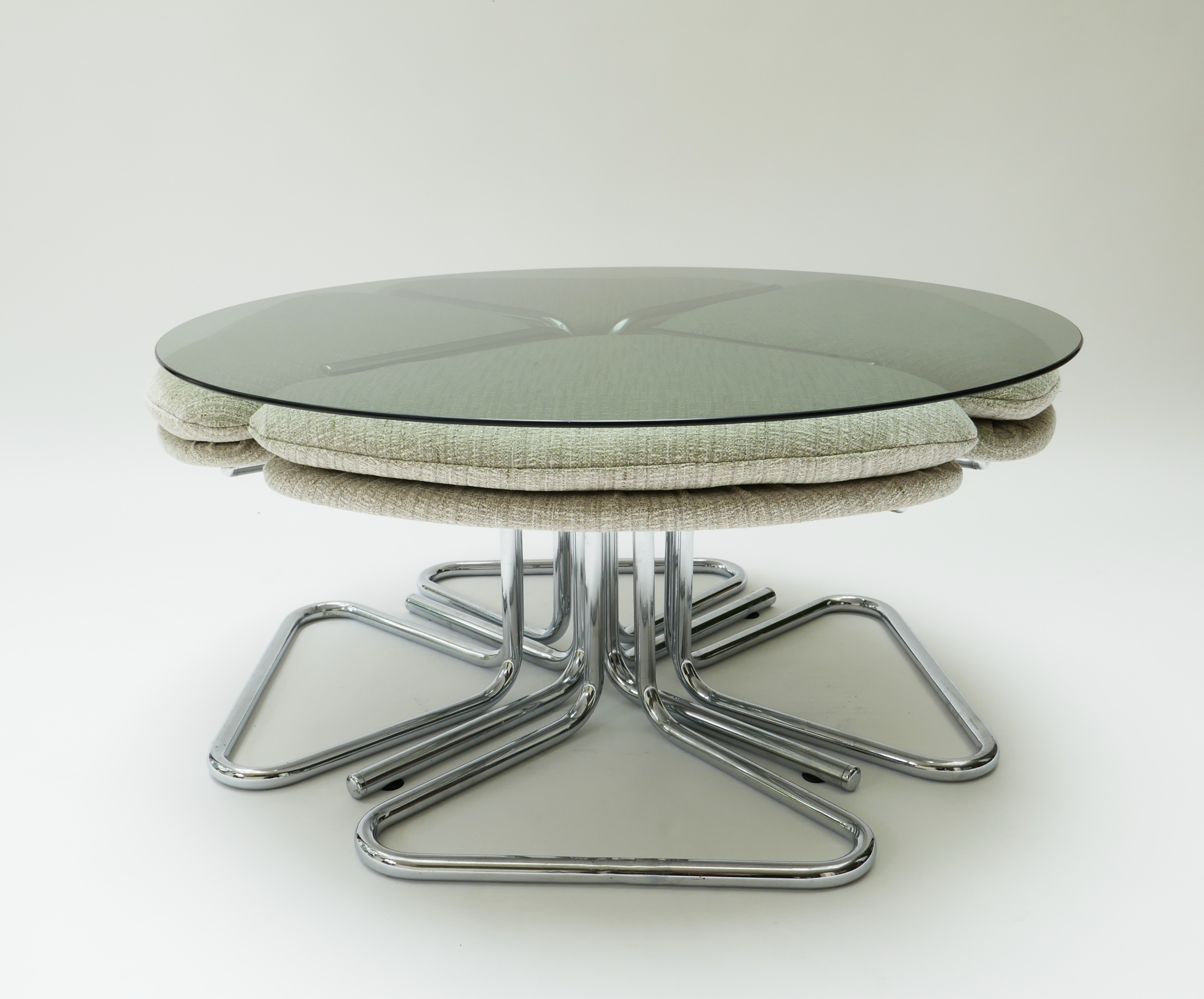 Round Smoked Glass and Chrome Coffee Table with Four Nesting Stools