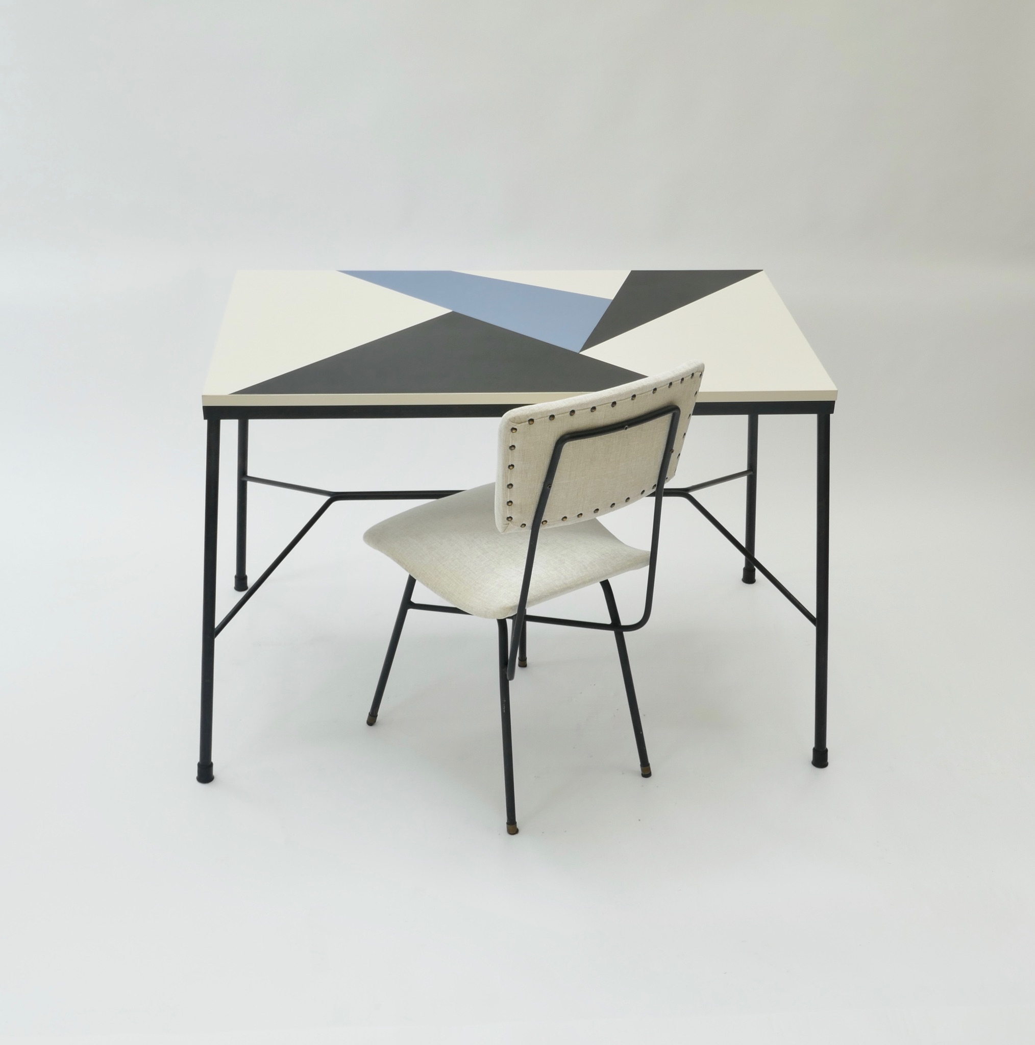 Sold - Midcentury Desk, Multicolored Top, Black Metal Legs and White Velvet Chair