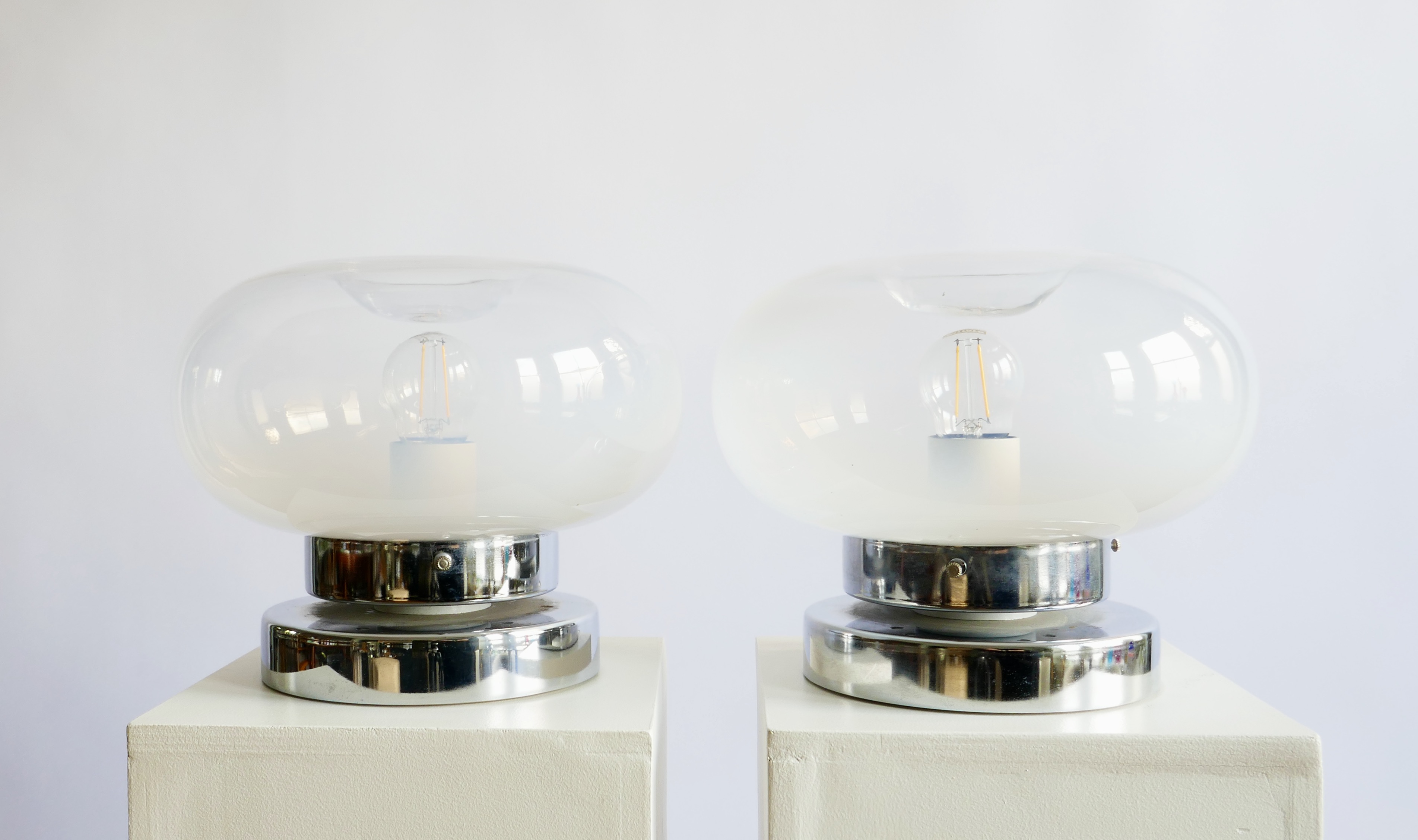 Sold - Pair of Glass and Chrome Table Lamps, Italy, 1970s