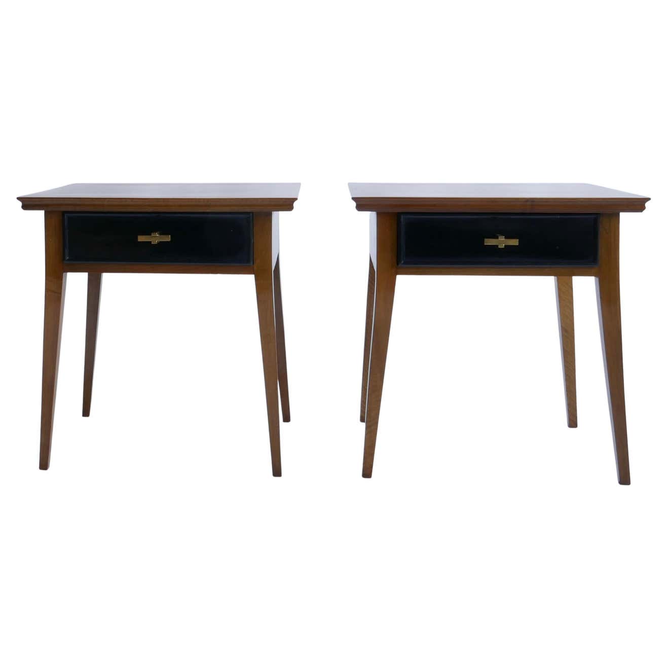 Sold - Pair of Mahogany Wood Bed Side Tables with Brass Handles, Italy, 1960s