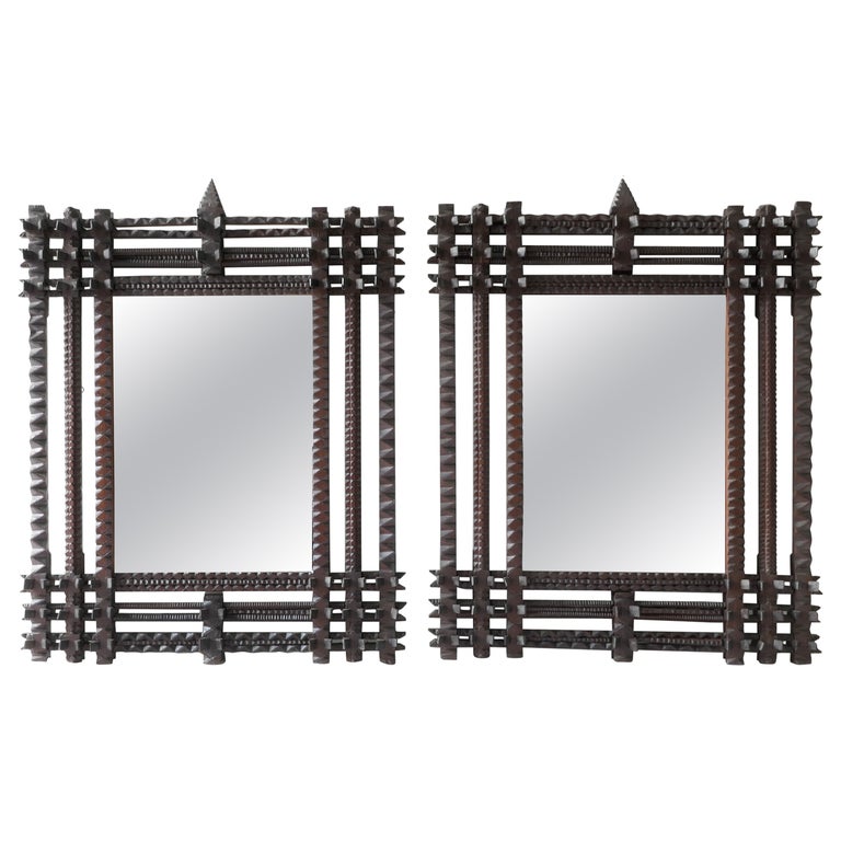 Pair of Large Wood Tramp Art Frames with Mirror, Circa 1880, France 