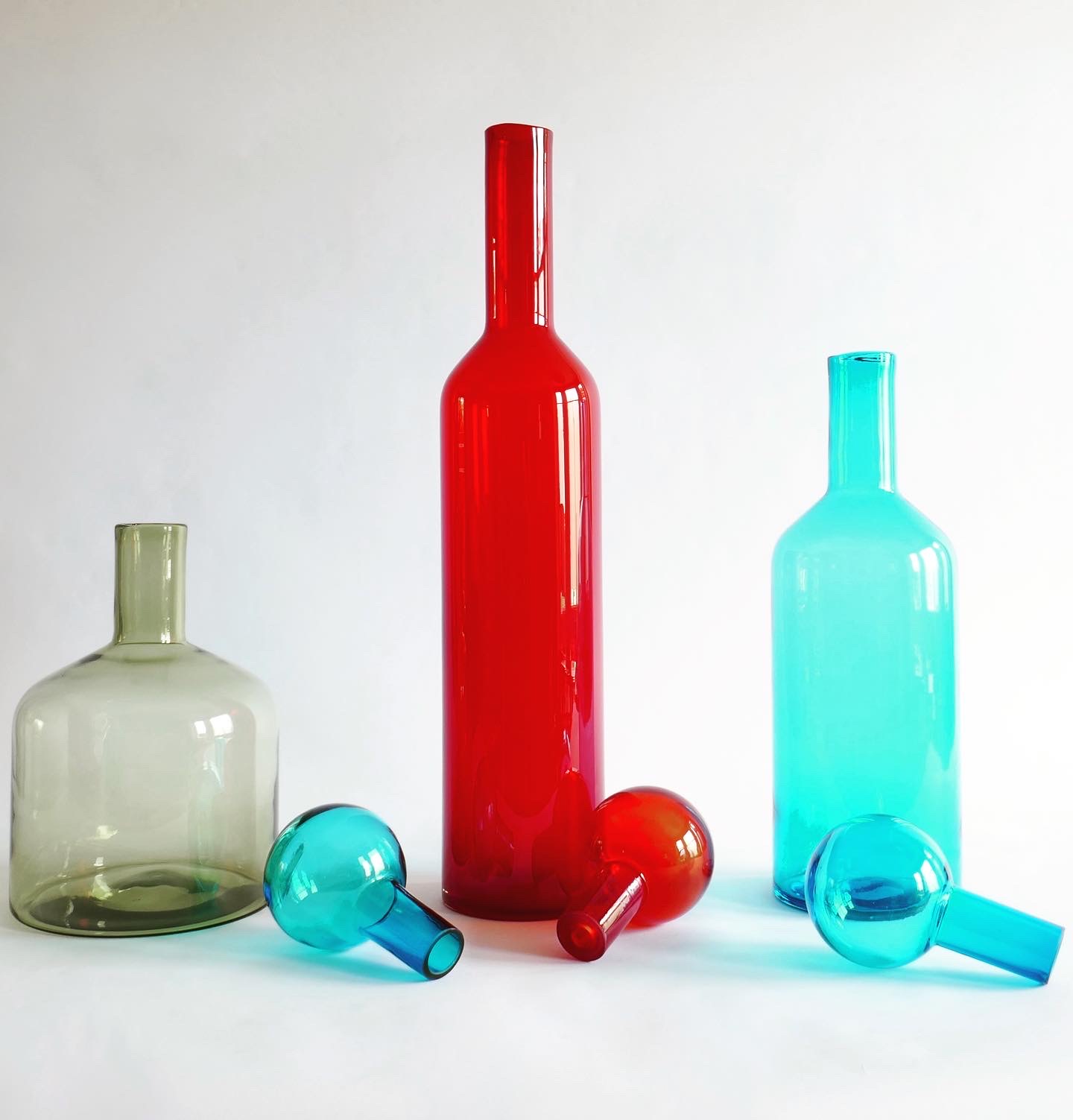 Set of 3 Mid-Century Modern Style Large Red, Blue and Green Murano Glass Bottles