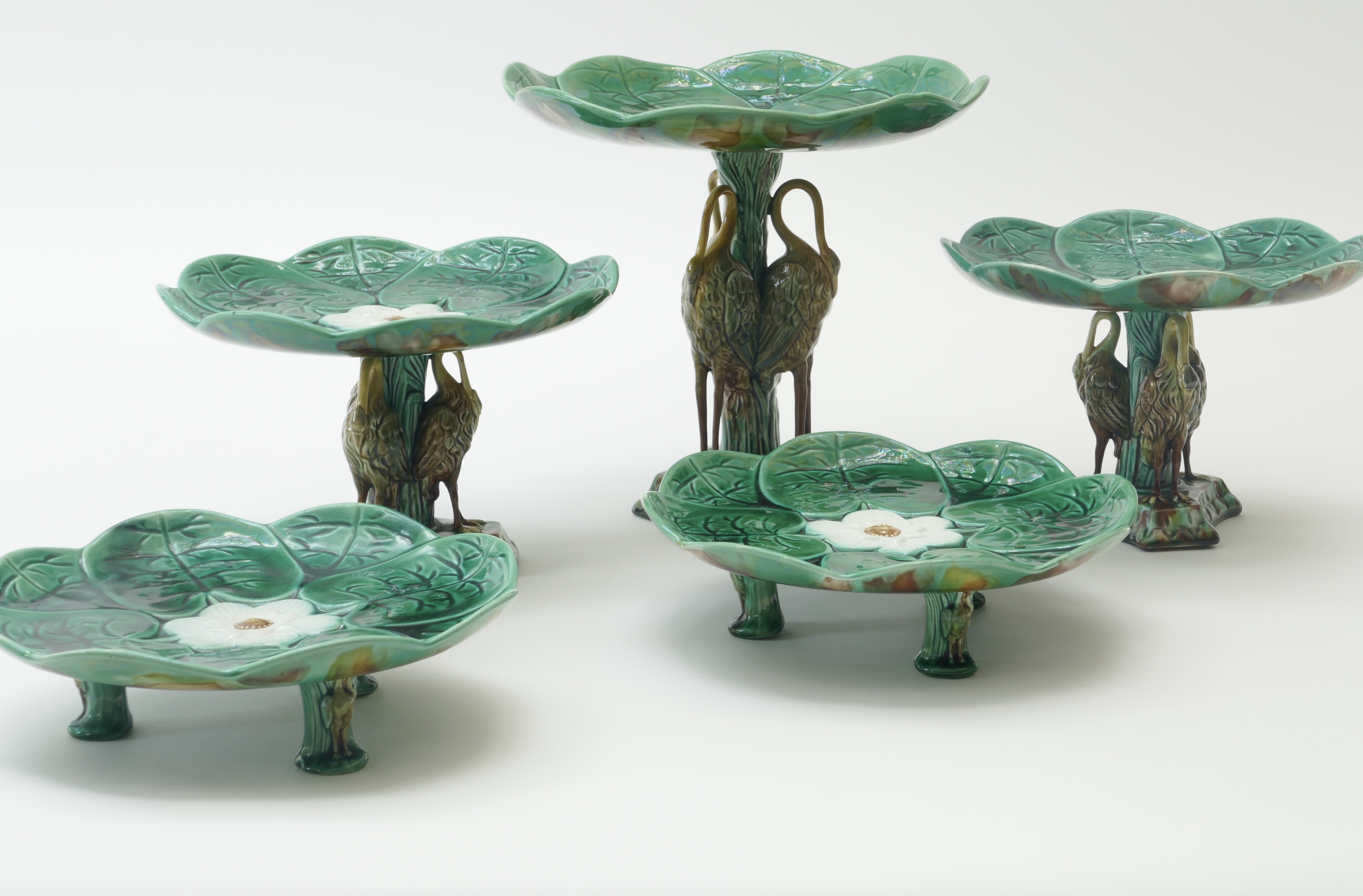 Sold - Set of 5 Majolica Pond Lily and Stork Cake Stands