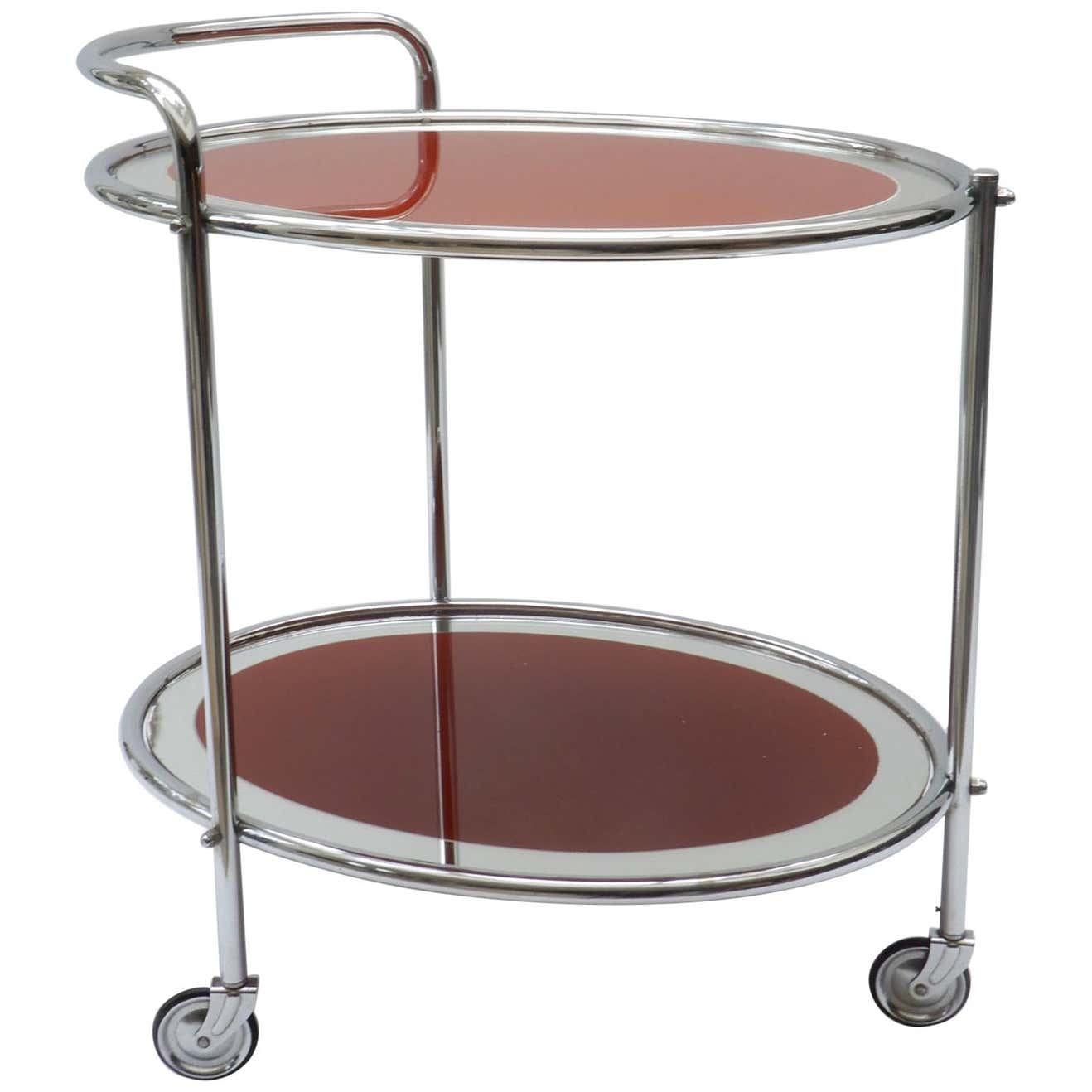 Oval Chrome and Rust Glass Mirrored Bar Cart, 1950s