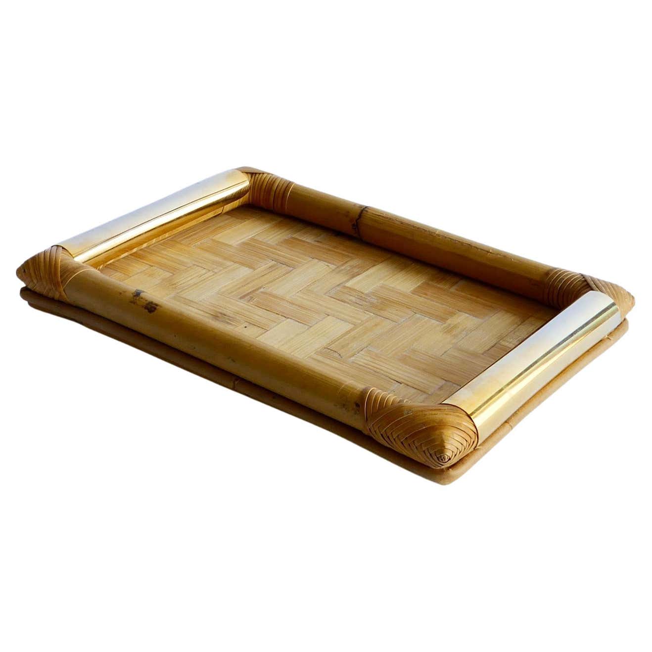 Sold - Small Rattan Tray with Brass Handles, Italy 1970s