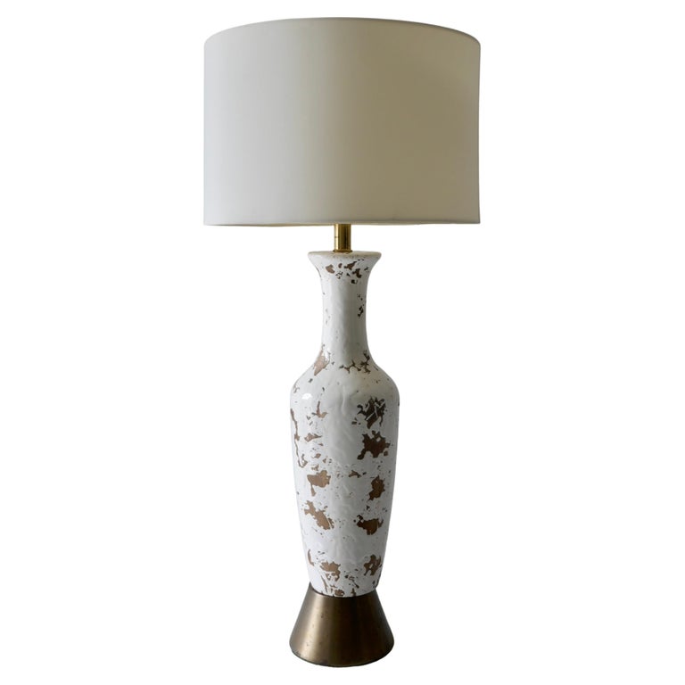 Distressed White Tall Mid Century American Ceramic Table Lamp