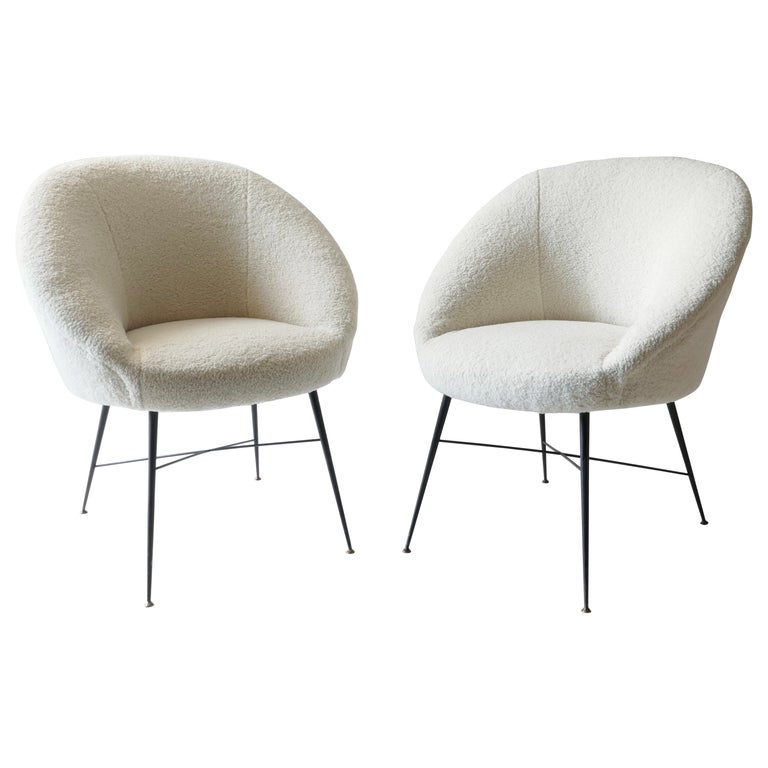 Sold - Pair of Lounge Chairs, Black Metal Legs and White Boucle Fabric, Italy, 1950s