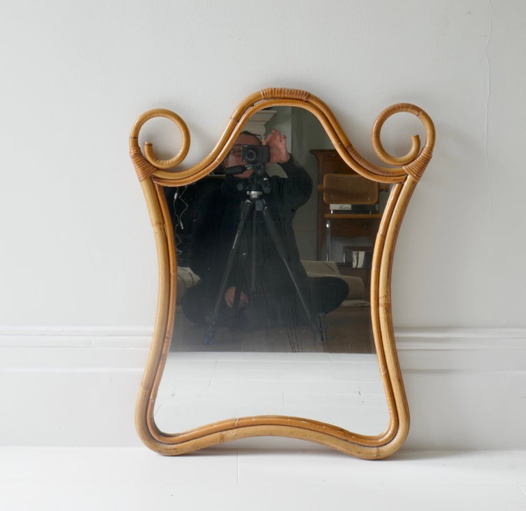 Sold - Italian Curved  Bamboo Frame Mirror, 1960s