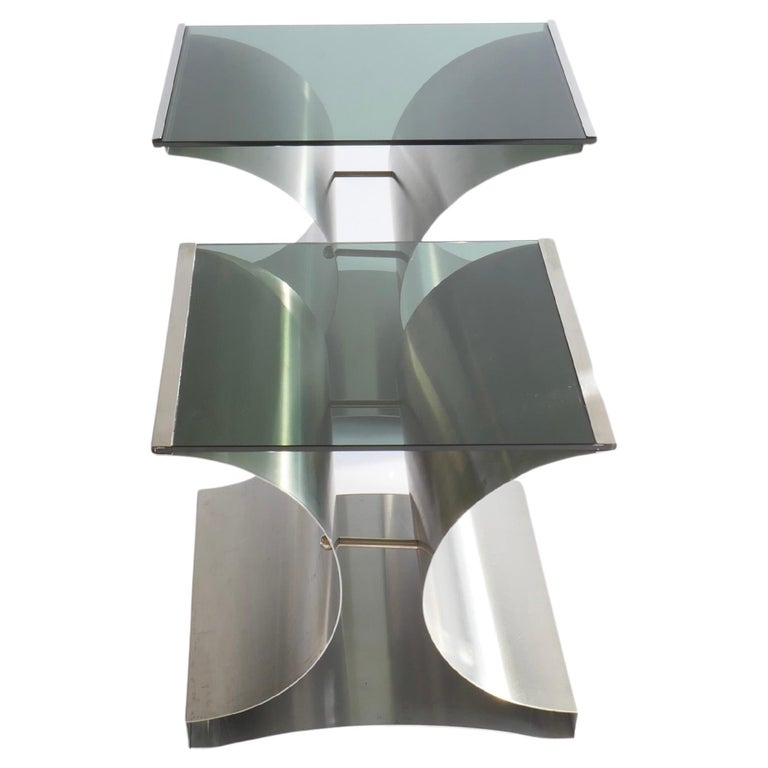 Sold - Set of 2 Brush Steel and Smoked Glass Side Tables by Francois  Monnet, 1970s