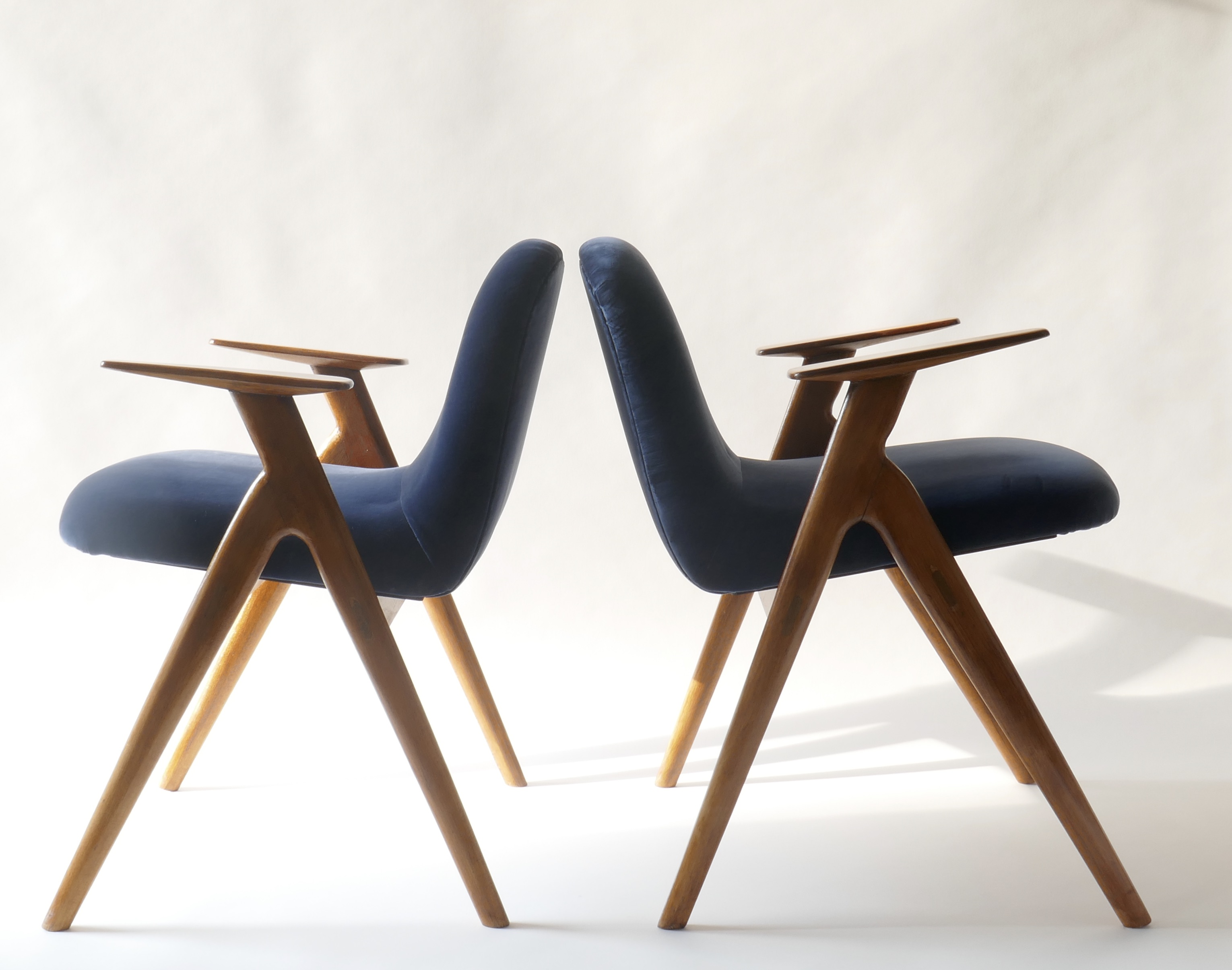 Sold - Pair of Wood and Blue Velvet Armchairs