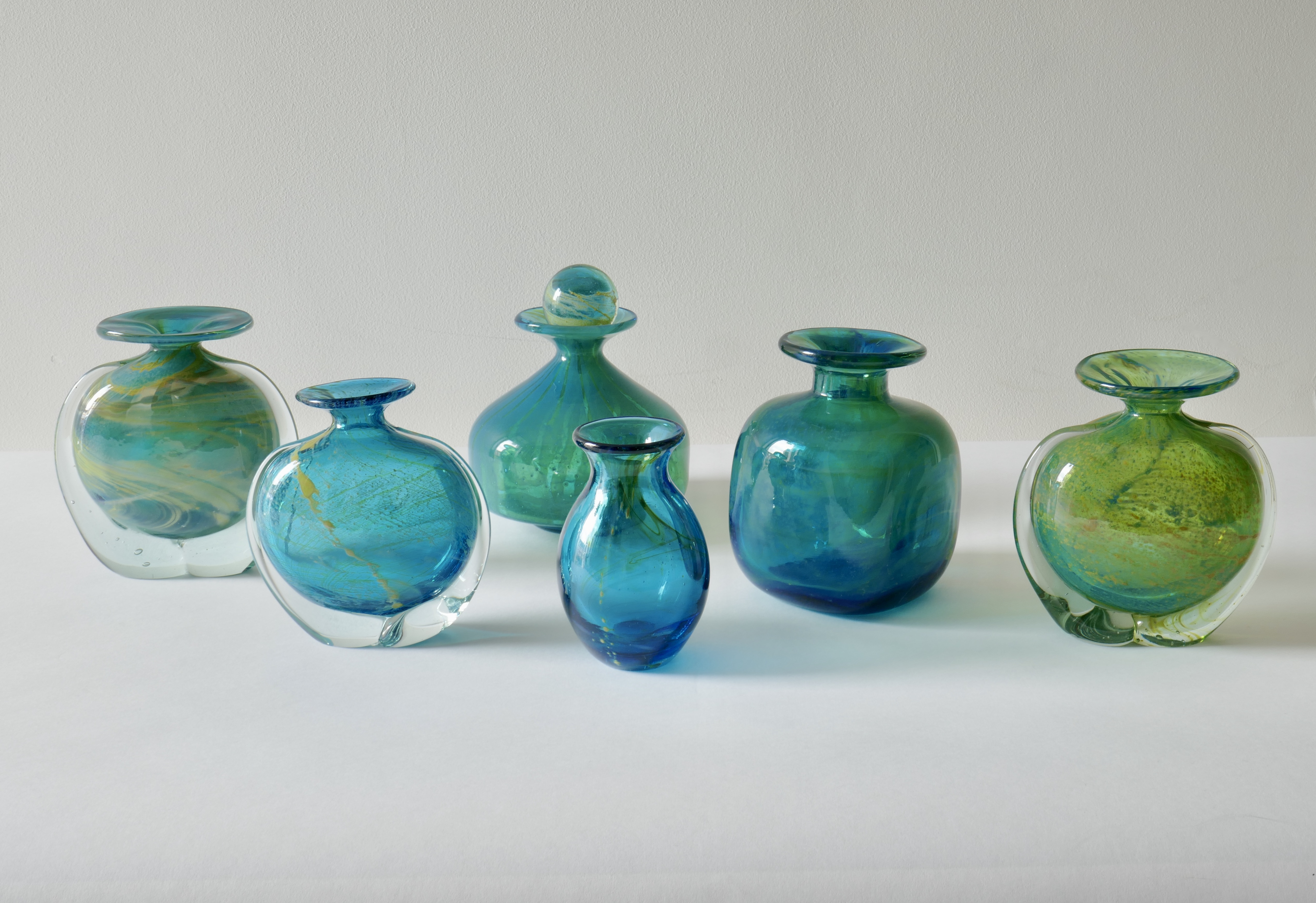 Sold - Set of 6 Mdina Turquoise Blue and Green Glass Vases