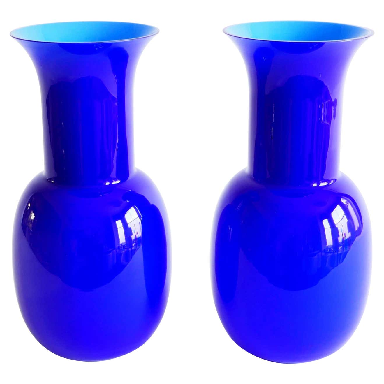 Sold - Pair of Blue Murano Glass Vase by Aureliano Toso, 2000, Italy