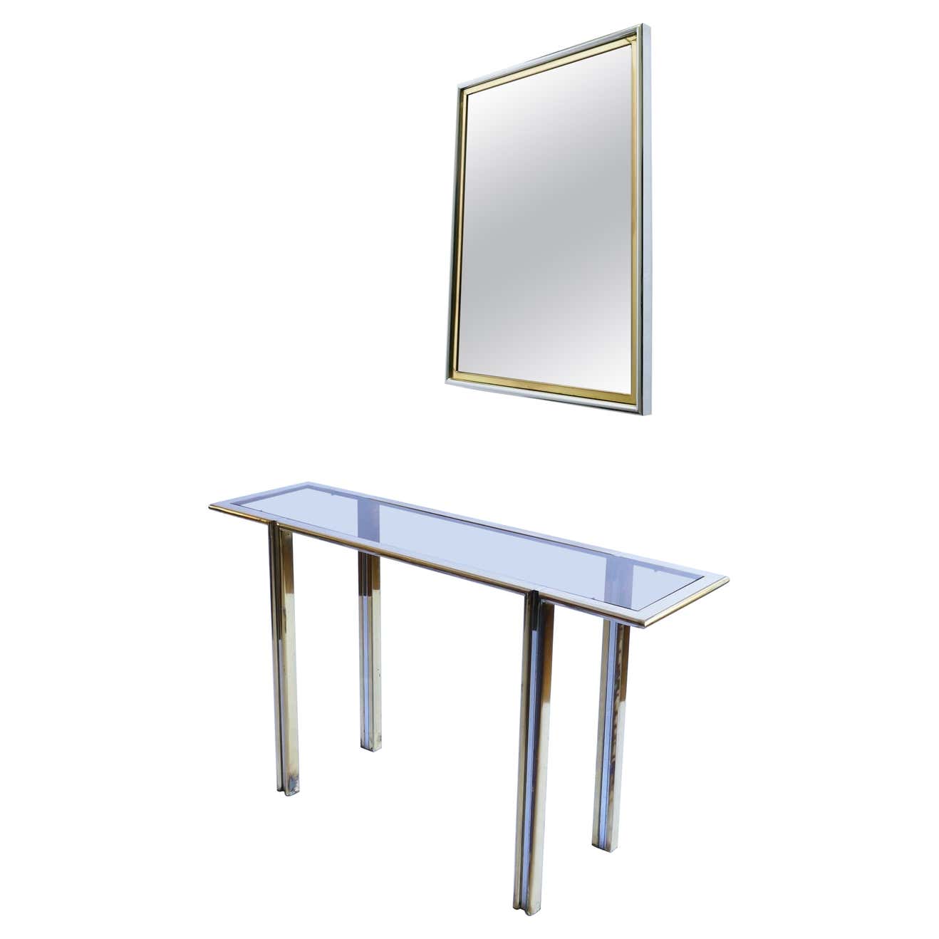 Glass, Brass and Chrome Console Table and Mirror, Italy, 1970s