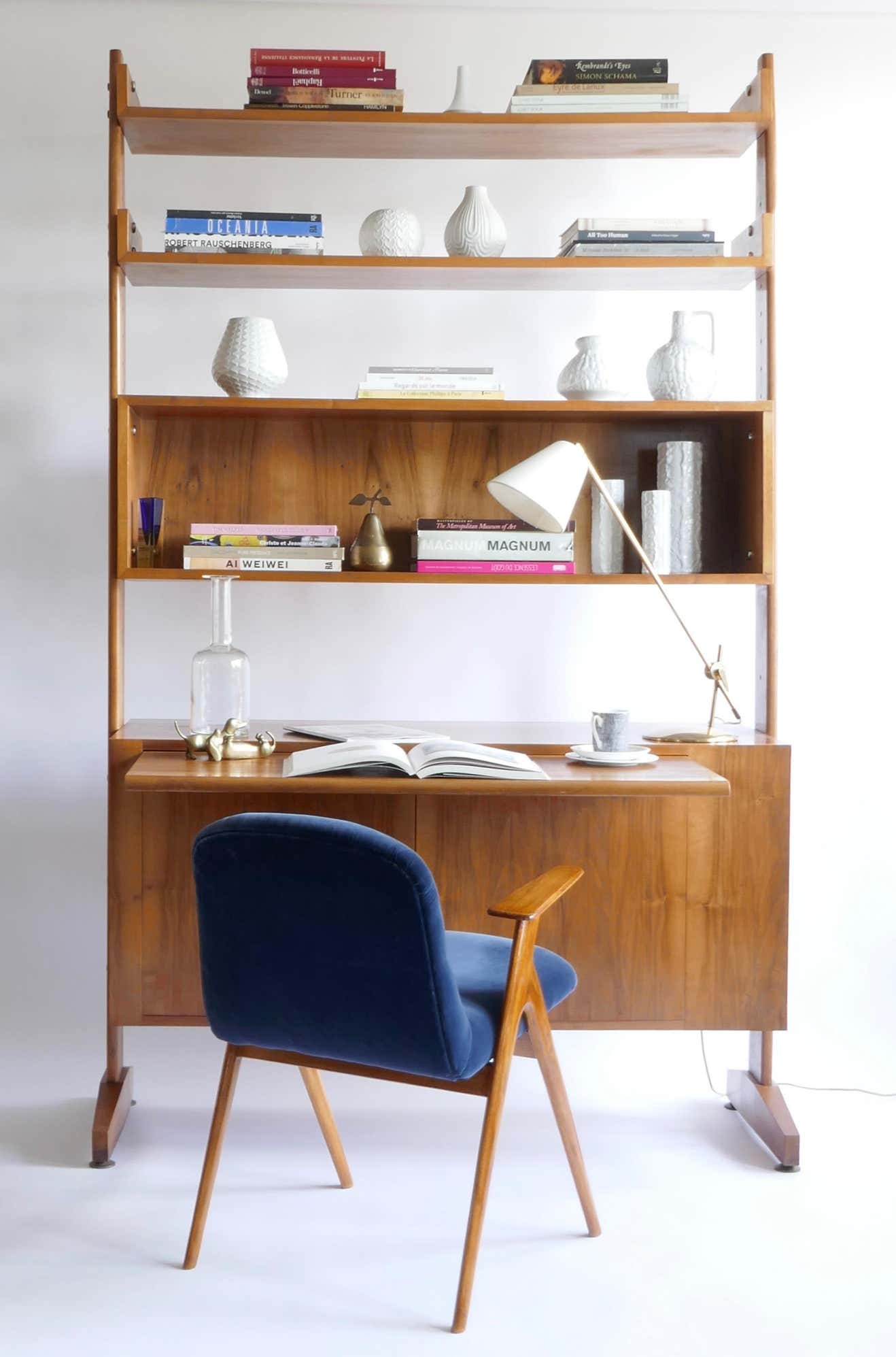Sold - Walnut Bookcase Cabinet with Sliding Desk, Italy 1950s