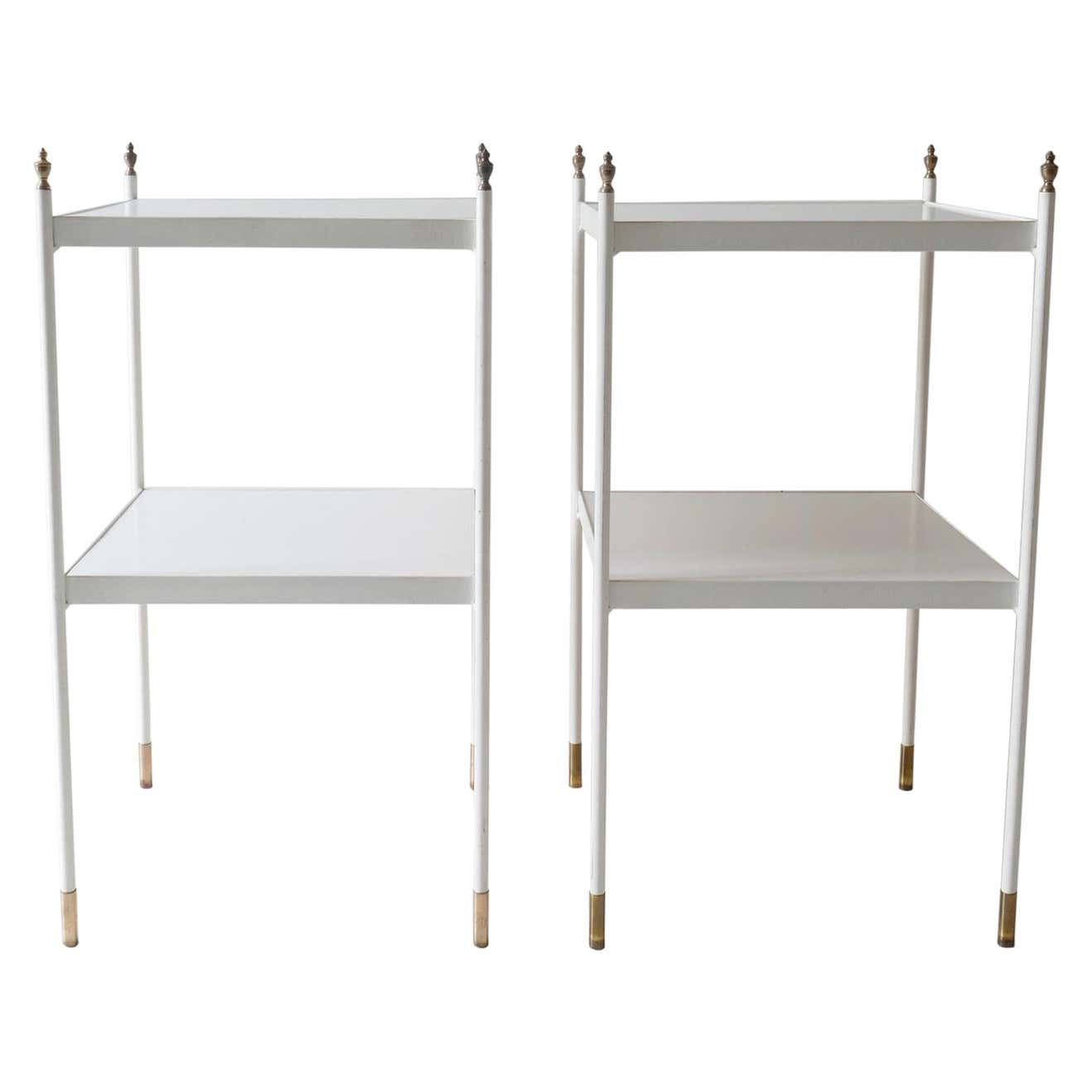 Pair of Two-Tier White Side Tables with Brass Ornaments, 1960s