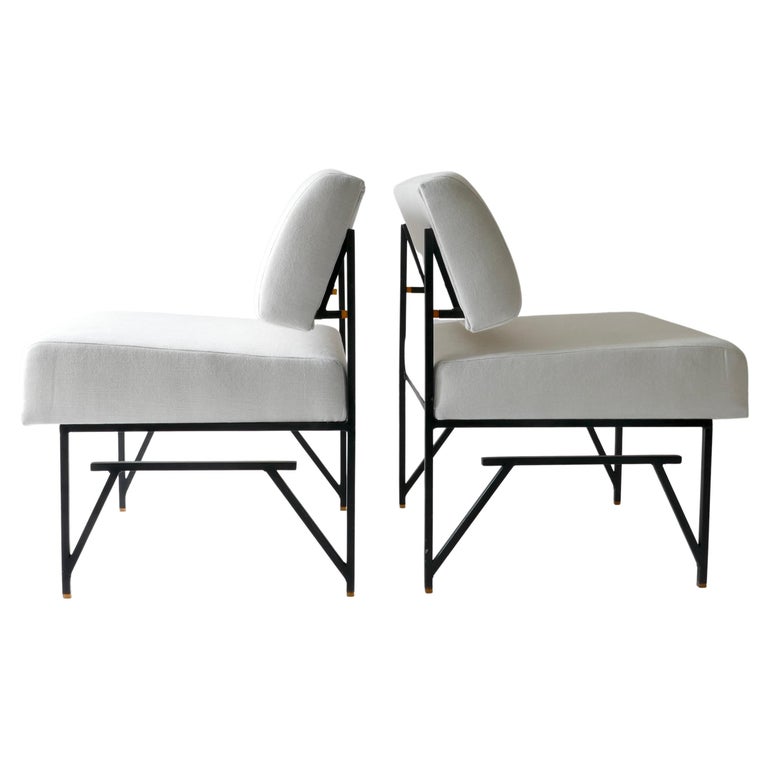 Sold - Set of 3 White Italian Lounge Chairs, Black Iron Structure, 1960s