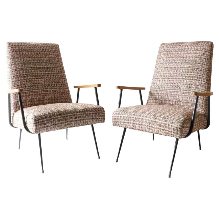 Sold - Pair of Lounge Chairs with Black Metal Legs and Wood Arm Rest, France, 1960s