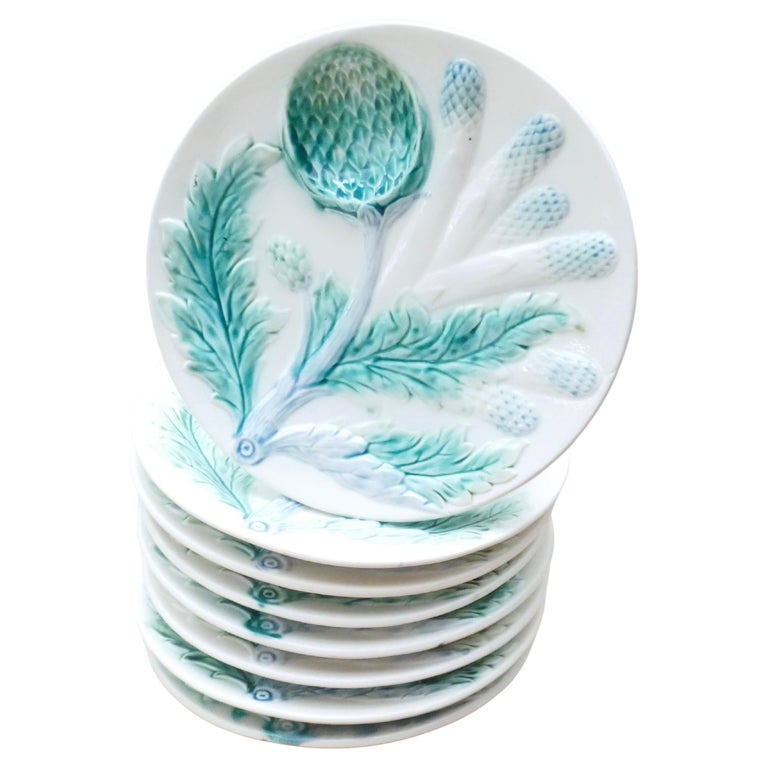 Sold - Eight Luneville French Faïence Barbotine Majolica Asparagus and Artichoke Plates