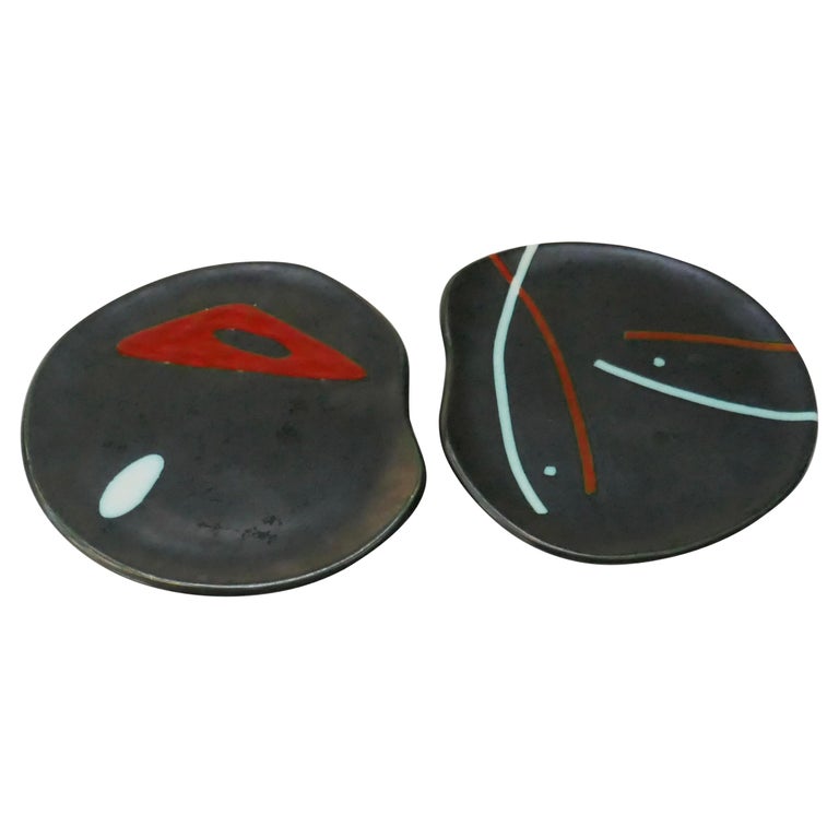 Free Form Black Ceramic Dishes/Plaques by Peter Orlando, France, 1960s