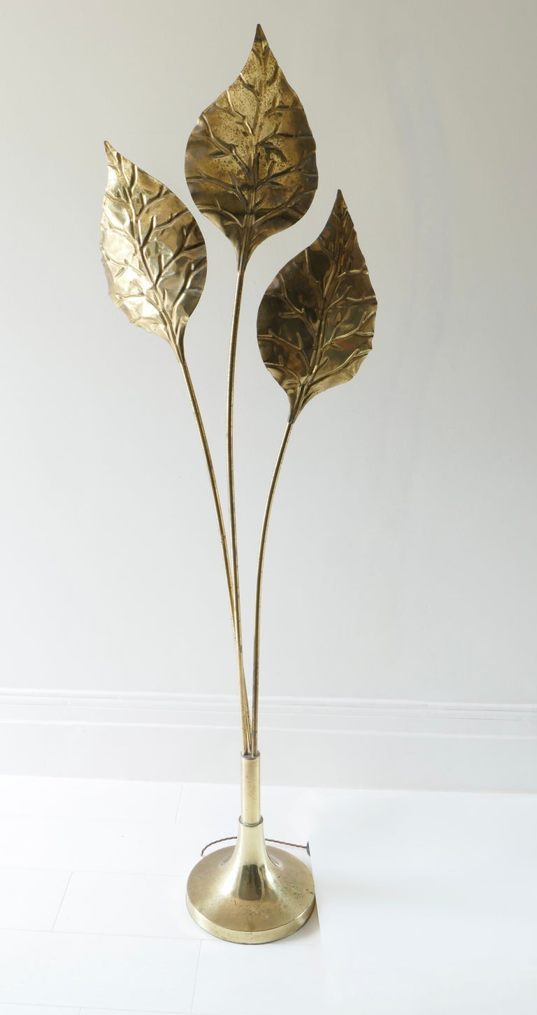  Brass 3 Lights, Leaf Shaped Floor Lamp, Tommaso Barbi Style, Italy, 1970s 