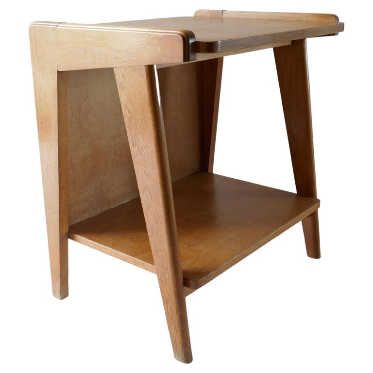 Guillerme & Chambron Oak Side Table or Night Stand, France, 1960s