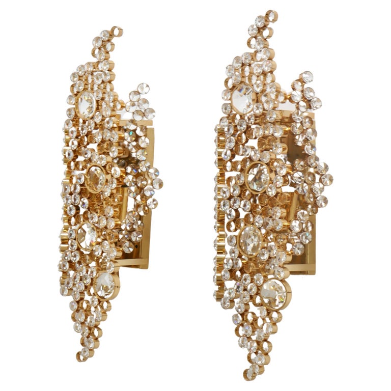 Pair of Golden Gilded Brass and Crystal Sconces by Palwa, Germany, 1970s