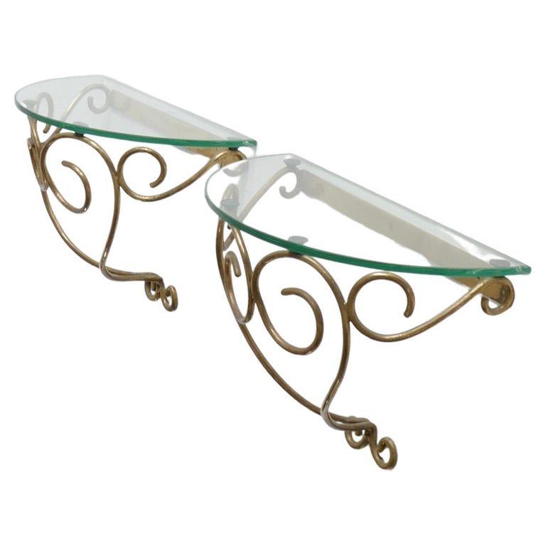 Wall-Mounted Brass Nightstands or Console with Demilune  Glass Top, Italy 1950s 