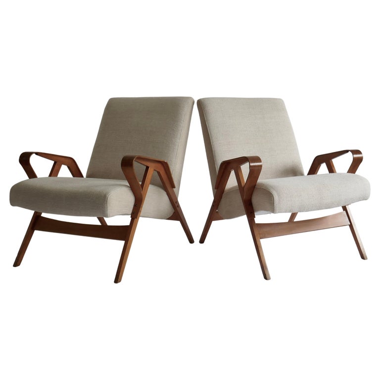 Sold - Pair of Lounge Chairs Upholstered in off White Vintage Linen, 1960s