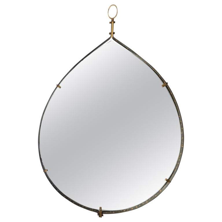 Sold - Teardrop-Shaped Mirror with Hammered Iron Frame & Brass Details, Italy, 1960s