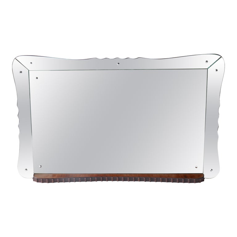 Large Landscape Mirror with Angled Tray Mirror Frame and Wood Tablet, Italy 1940