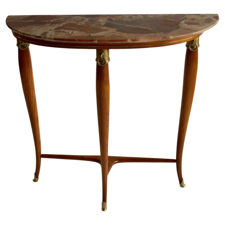 Wood Console Table with Breccia Marble Top and Brass Details, Italy, 1950s 