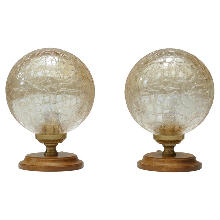 Sold - Pair of Crackled Glass, Oak Base with Gilt Metal Table Lamps, Germany, 1970s