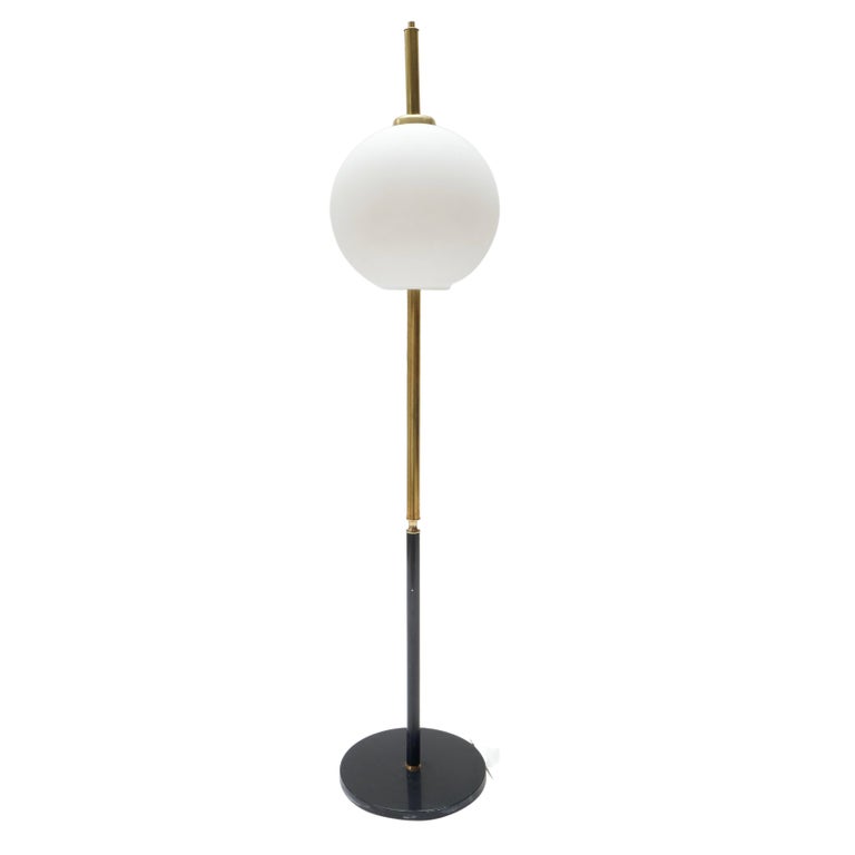 Sold - Opal Glass, Brass and  Black Metal Floor Lamp, Italy, 1960s