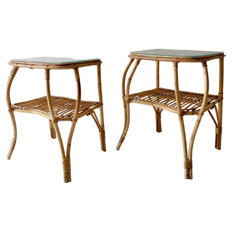 Sold - Pair of Two Tiered Rattan and Bamboo Side Tables, Italy, 1960s